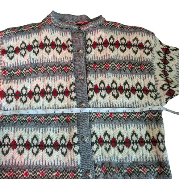 Vtg Nordic Wool Sweater Classic Fair Isle Metal Buttons Cream Gray Red - Picture 3 of 10